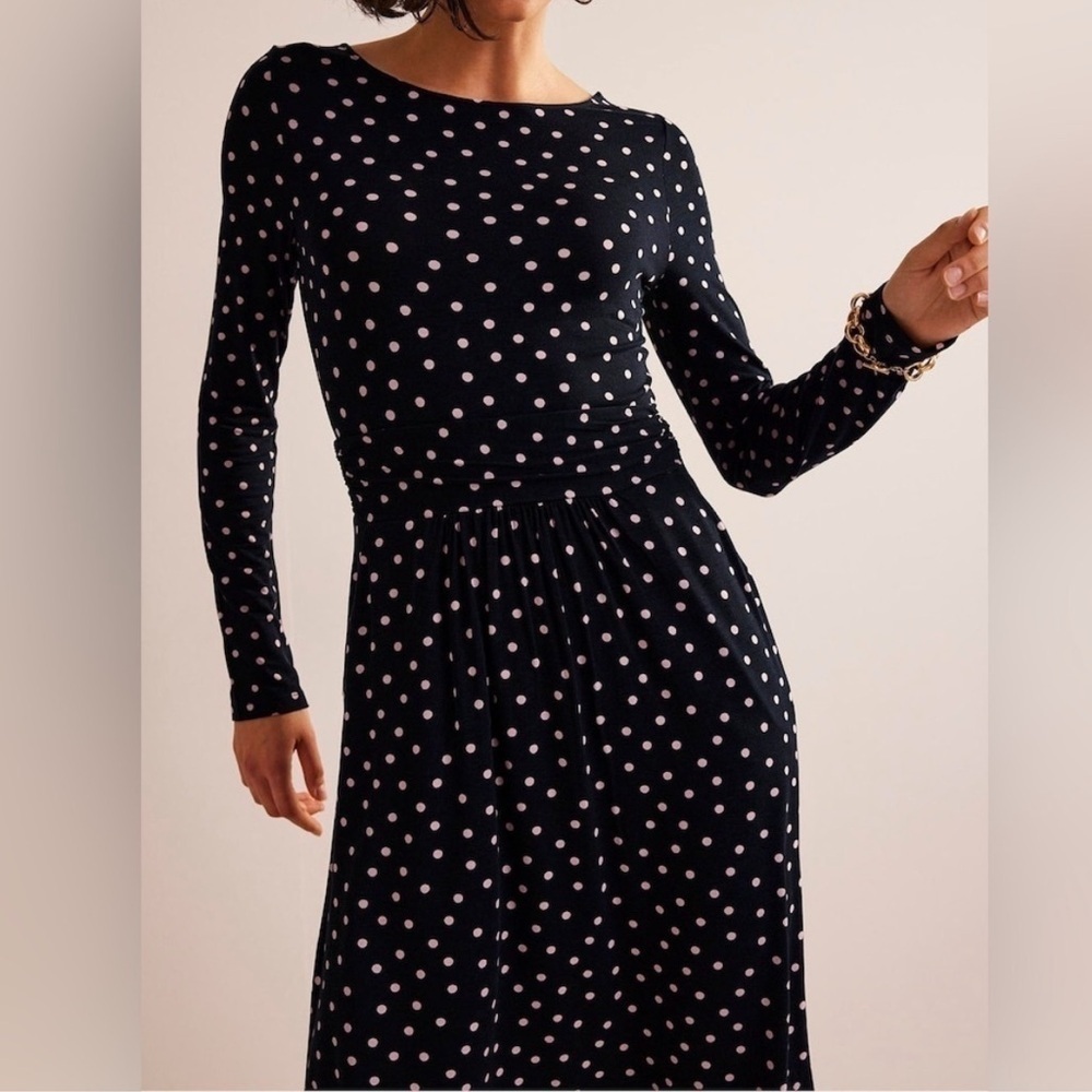 Boden Abigail Black and Pink Polka Dot Long Sleeve Dress Size 10P Jersey Knit